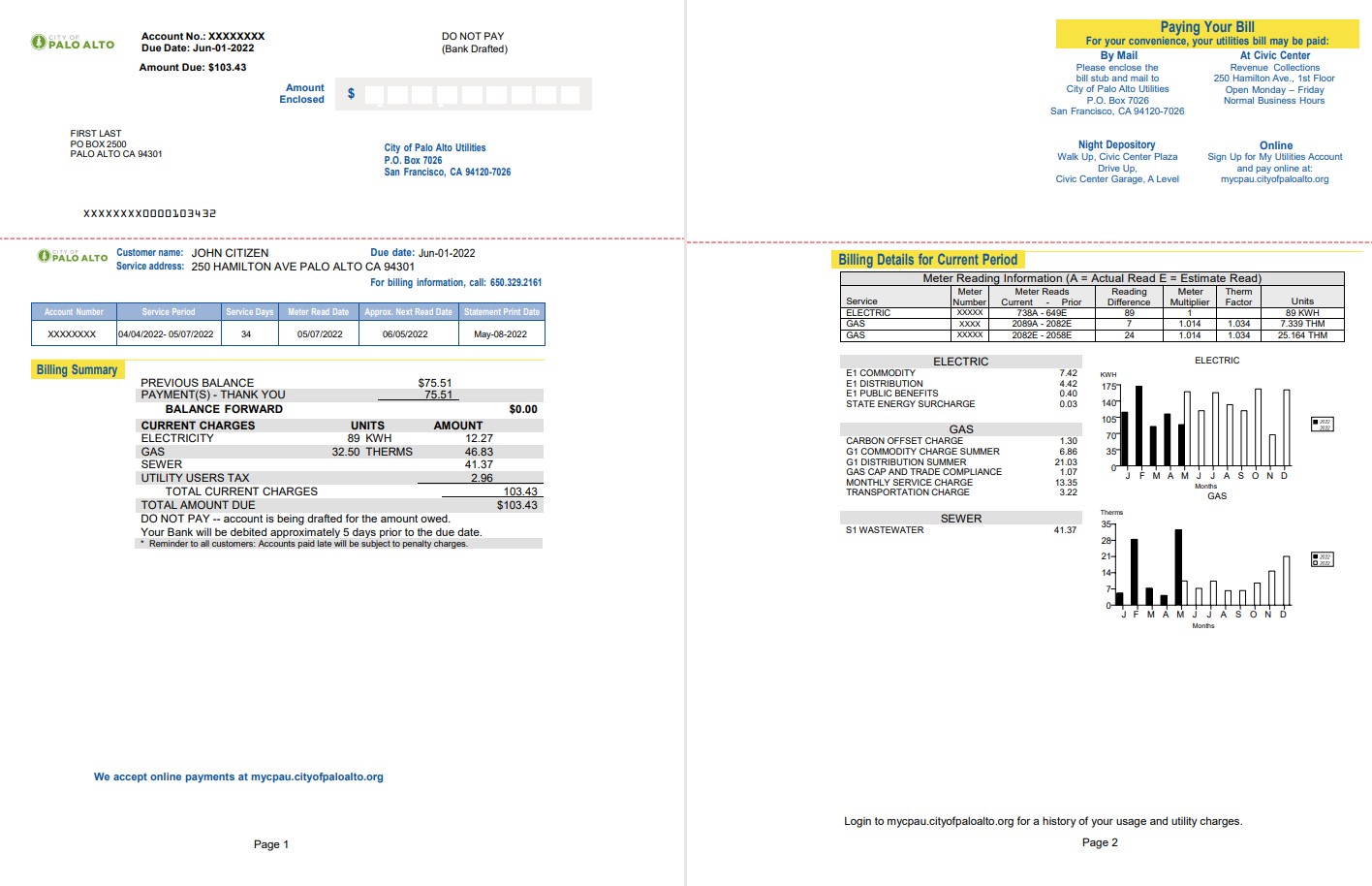 USA California Palo Alto utility bill, Word and PDF template, 2 pages